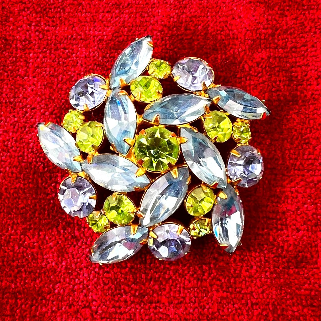 Regency Vintage Signed Green & Pale Blue Rhinestone Floral Brooch, Prong Set 50s